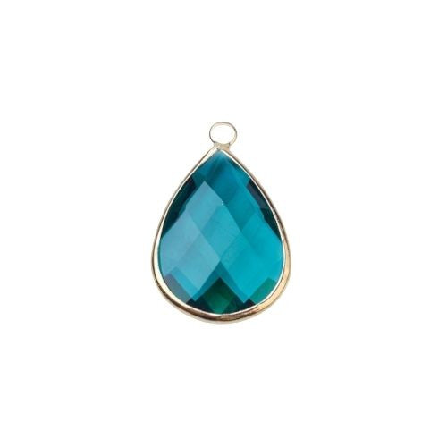 Glass Pendants, Brass, Faceted, Teardrop, Teal, Golden, Focal, 18mm - BEADED CREATIONS