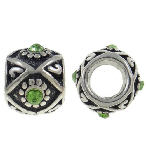 Green Rhinestone Engraved Large Hole Barrel Charm Beads - BEADED CREATIONS