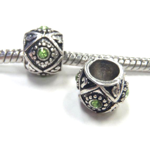 Green Rhinestone Engraved Large Hole Barrel Charm Beads - BEADED CREATIONS