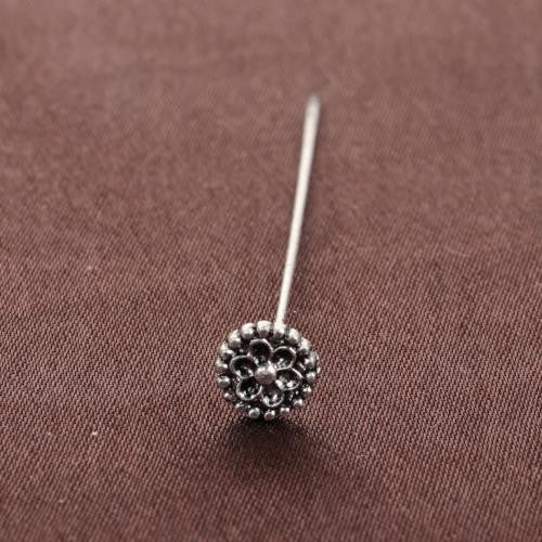 Head Pins, Alloy, Decorative, Flower, Antique Silver, 21 Gauge, 55mm - BEADED CREATIONS