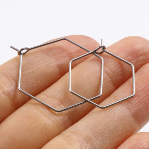 Hoop Earring Findings, 316 Surgical Stainless Steel, Hexagon, Silver Tone, 26mm - BEADED CREATIONS