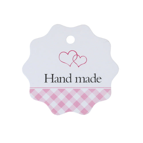Label Tags, Round, Pink, Plaid, With Words, Hand Made, 58mm - BEADED CREATIONS