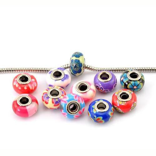 Large Hole Beads, Polymer Clay, Assorted, Floral, Rondelle, 15mm - BEADED CREATIONS