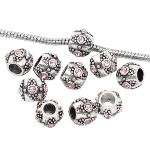 Large Hole Metal Beads, Antique Silver, Alloy, Barrel, Pink Rhinestones, Beaded, Charm Beads, 11mm - BEADED CREATIONS