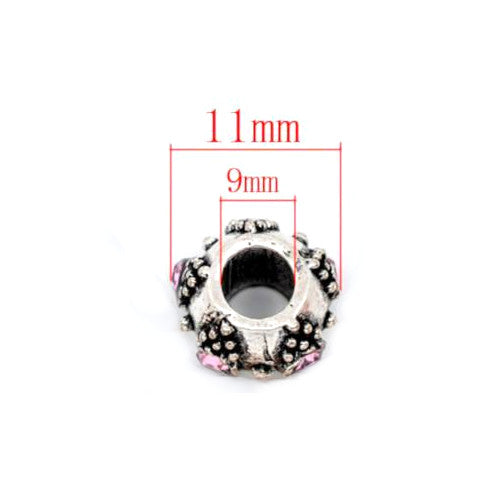 Large Hole Metal Beads, Antique Silver, Alloy, Barrel, Pink Rhinestones, Beaded, Charm Beads, 11mm - BEADED CREATIONS