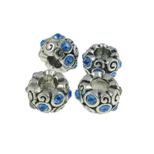 Large Hole Metal Beads, Antique Silver, Alloy, Blue, Rhinestones, Rondelle, Scroll, Charm Beads, 12mm - BEADED CREATIONS
