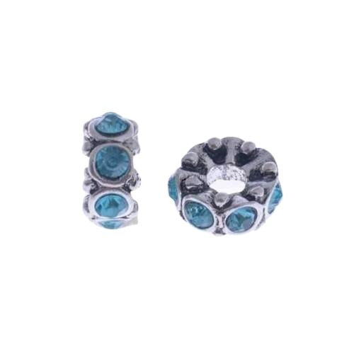 Large Hole Metal Beads, Antique Silver, Alloy, Sea Blue, Rhinestones, Rondelle, Charm Beads, 14mm - BEADED CREATIONS
