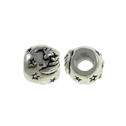 Large Hole Metal Beads, Barrel, Moon, Stars, Celestial, Antique Silver, Alloy, Charm Beads, 10mm - BEADED CREATIONS