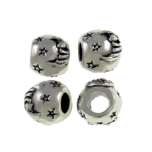 Large Hole Metal Beads, Barrel, Moon, Stars, Celestial, Antique Silver, Alloy, Charm Beads, 10mm - BEADED CREATIONS