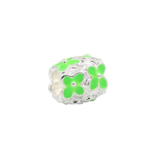 Large Hole Metal Beads, Barrel, Silver Plated, Alloy, Neon Green, Enameled, Floral, Charm Beads, 11mm - BEADED CREATIONS