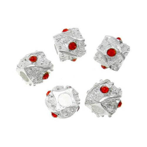 Large Hole Metal Beads, Barrel, Silver Plated, Alloy, Red, Rhinestone, Charm Beads, 10mm - BEADED CREATIONS