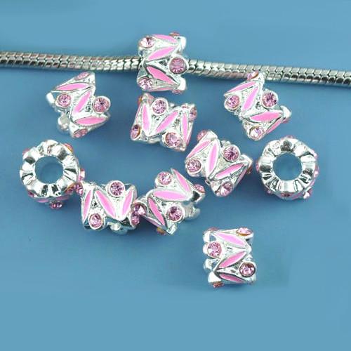 Large Hole Metal Beads, Drum, Silver Plated, Alloy, Pink, Rhinestones, Enameled, Charm Beads, 11mm - BEADED CREATIONS