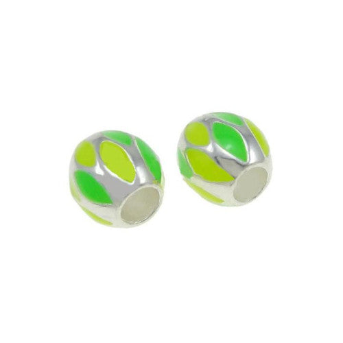 Large Hole Metal Beads, Drum, Silver Plated, Alloy, Yellow, Green, Enamel, Charm Beads, 10mm - BEADED CREATIONS