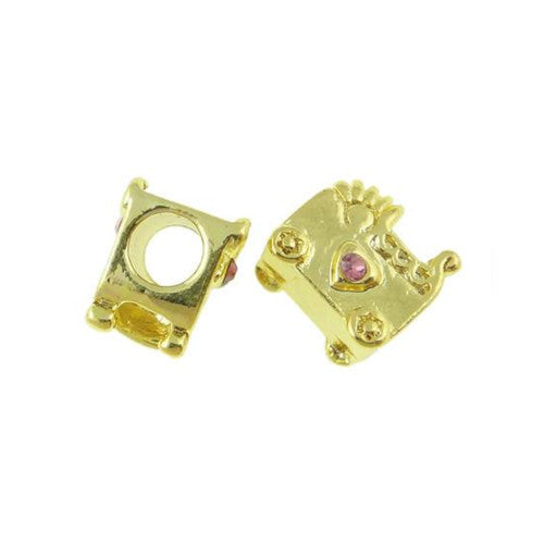 Large Hole Metal Beads, Gold Plated, Alloy, Pink, Rhinestones, Baby Carriage, Charm Beads, 11mm - BEADED CREATIONS