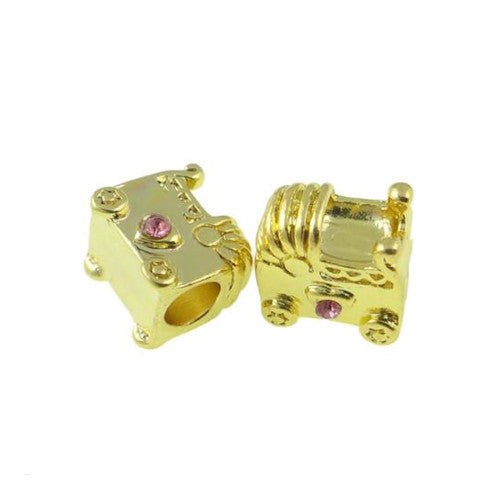 Large Hole Metal Beads, Gold Plated, Alloy, Pink, Rhinestones, Baby Carriage, Charm Beads, 11mm - BEADED CREATIONS