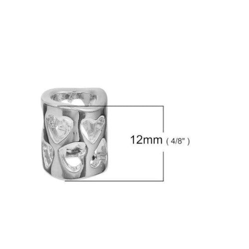 Large Hole Metal Beads, Hearts, Cut-Out, Cylinder, Silver Plated, Alloy, Charm Beads, 12mm - BEADED CREATIONS