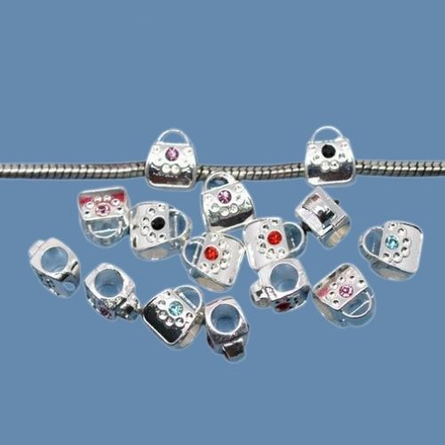 Large Hole Metal Beads, Purse, Handbag, Silver Tone, Alloy, Assorted, Rhinestones, Charm Beads, 10mm - BEADED CREATIONS