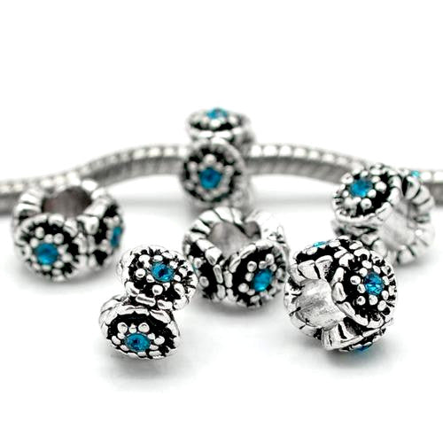 Large Hole Metal Beads, Rondelle, Antique Silver, Alloy, Raised Floral, Blue, Rhinestones, Charm Beads, 10mm - BEADED CREATIONS