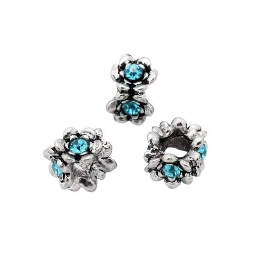 Large Hole Metal Beads, Rondelle, Antique Silver, Alloy, Raised Floral, Blue, Rhinestones, Charm Beads, 13mm - BEADED CREATIONS