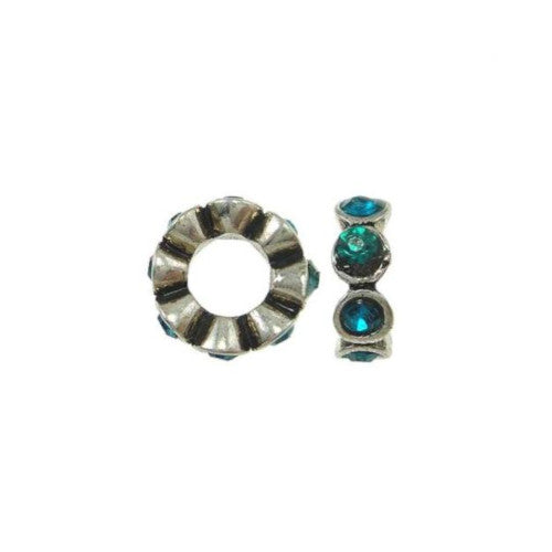 Large Hole Metal Beads, Rondelle, Antique Silver, Teal, Rhinestone, Charm Beads, 10mm - BEADED CREATIONS