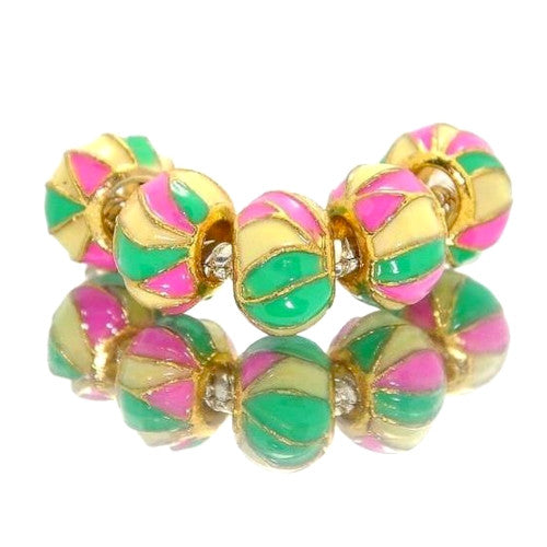 Large Hole Metal Beads, Rondelle, Gold Plated, Alloy, Multicolored, Enameled, Striped, Charm Beads, 14mm - BEADED CREATIONS