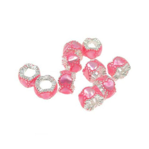 Large Hole Metal Beads, Rondelle, Silver Plated, Alloy, Pink, Enameled, Hearts, Charm Beads, 9.5mm - BEADED CREATIONS