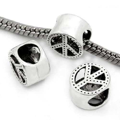 Large Hole Metal Beads, Round, Antique Silver, Alloy, Peace Sign, Charm Beads, 11mm - BEADED CREATIONS