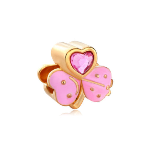 Large Hole Metal Beads, Three Leaf Clover, Live, Love, Laugh, 22K Gold Plated, Alloy, Pink, Enamel, Crystal, Charm Beads, 11.81mm - BEADED CREATIONS