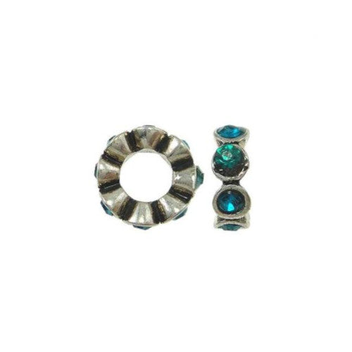 Large Hole Spacer Beads, Crystals, Teal, Antique Silver, 10mm - BEADED CREATIONS