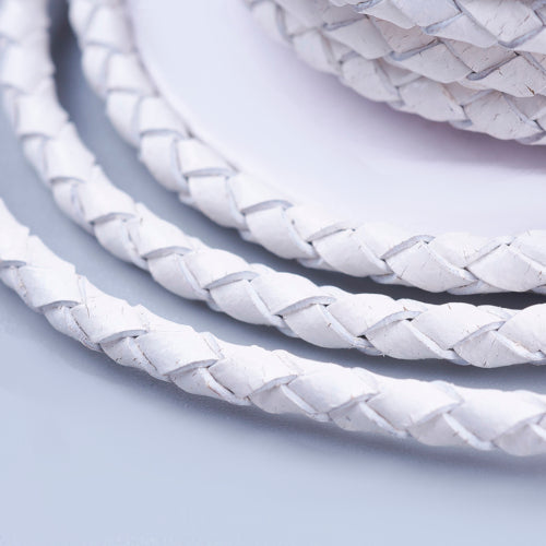 Leather Cord, Natural, Round, Braided Bolo, White, 3mm - BEADED CREATIONS