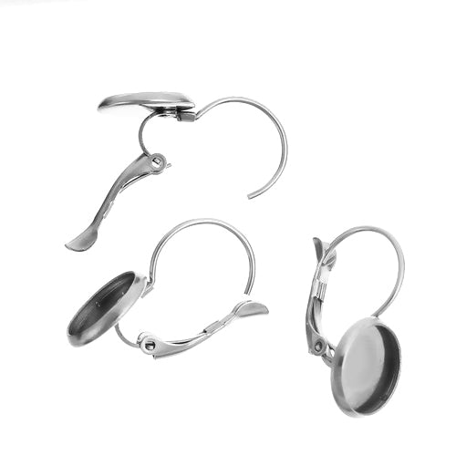 Leverback Earring Findings, 304 Stainless Steel, Round, Cabochon Bezel Setting, Silver Tone, Fits 10mm - BEADED CREATIONS