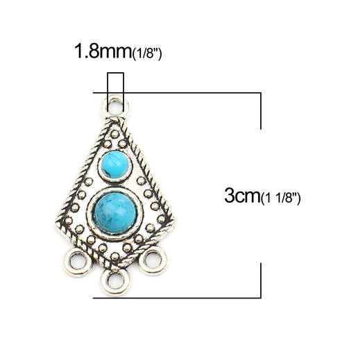 Links, Tibetan Style, Chandelier Components, 3-Loops, Rhombus, Blue, Resin, Antique Silver, Alloy, 30mm - BEADED CREATIONS