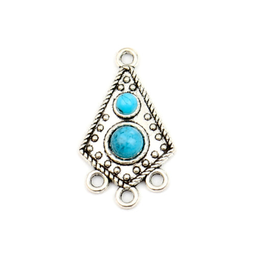 Links, Tibetan Style, Chandelier Components, 3-Loops, Rhombus, Blue, Resin, Antique Silver, Alloy, 30mm - BEADED CREATIONS