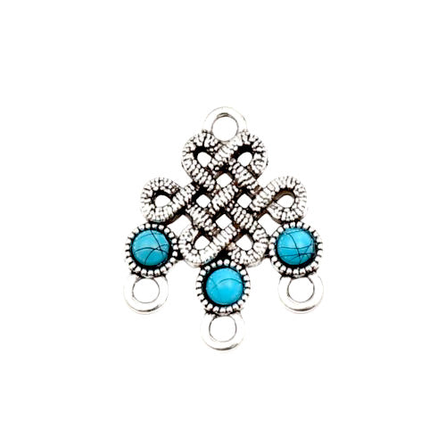 Links, Tibetan Style, Chandelier Components, 3-Loops, Single-Sided, Celtic Knot, Blue, Resin, Antique Silver, Alloy, 26mm - BEADED CREATIONS