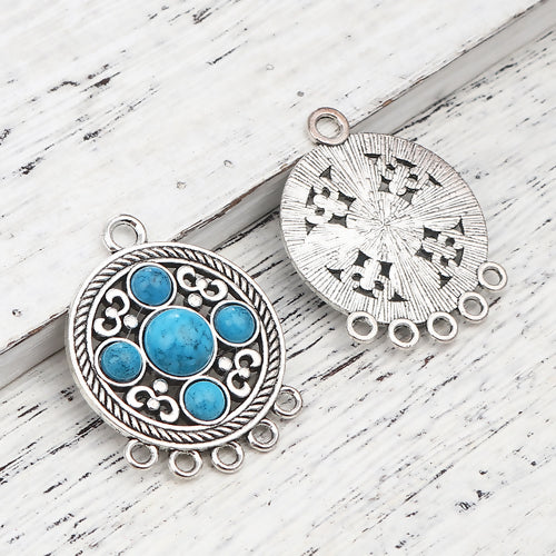 Links, Tibetan Style, Chandelier Components, 5-Loops, Round, Blue, Resin, Antique Silver, Alloy, 41mm - BEADED CREATIONS