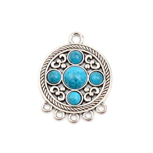 Links, Tibetan Style, Chandelier Components, 5-Loops, Round, Blue, Resin, Antique Silver, Alloy, 41mm - BEADED CREATIONS