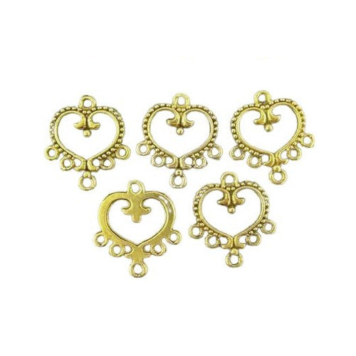 Links, Tibetan Style, Chandelier Components, 5-Loops, Single-Sided, Beaded, Heart, Golden, Alloy, 19mm - BEADED CREATIONS