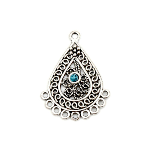 Links, Tibetan Style, Chandelier Components, 9-Loops, Teardrop, Blue, Resin, Antique Silver, Alloy, 42mm - BEADED CREATIONS
