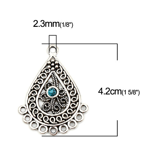 Links, Tibetan Style, Chandelier Components, 9-Loops, Teardrop, Blue, Resin, Antique Silver, Alloy, 42mm - BEADED CREATIONS