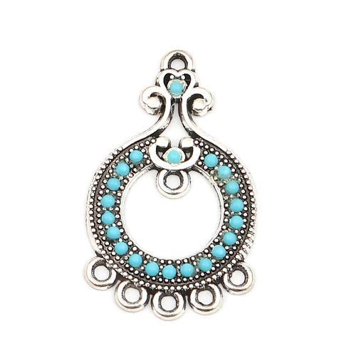 Links, Tibetan Style, Chandelier Components, Single-Sided, 5-Loops, Flat, Round, Blue, Resin, Antique Silver, Alloy, 3.62cm - BEADED CREATIONS