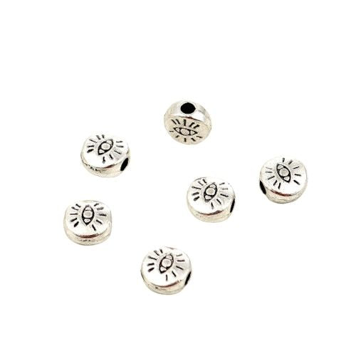 Metal Beads, Evil Eye, Round, Double-Sided, Antique Silver, Alloy, 6mm - BEADED CREATIONS