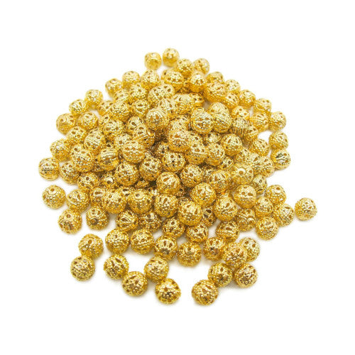 Metal Beads, Round, Ornate, Filigree, Gold Plated, Iron, 6mm - BEADED CREATIONS