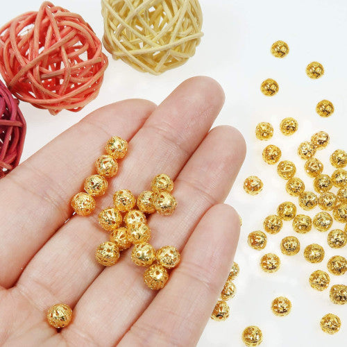 Metal Beads, Round, Ornate, Filigree, Gold Plated, Iron, 6mm - BEADED CREATIONS