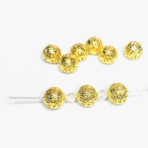 Metal Beads, Round, Ornate, Filigree, Gold Plated, Iron, 8mm - BEADED CREATIONS