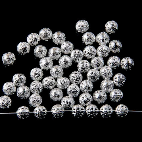 Metal Beads, Round, Ornate, Filigree, Silver Plated, Iron, 8mm - BEADED CREATIONS