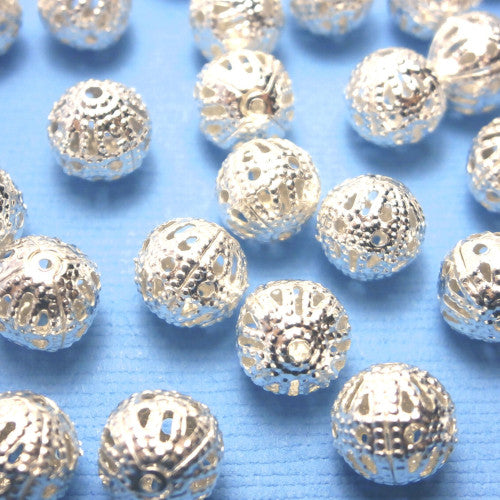 Metal Beads, Round, Ornate, Filigree, Silver Plated, Iron, 8mm - BEADED CREATIONS