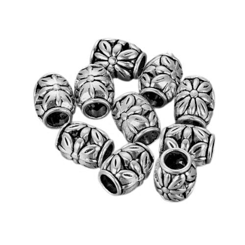 Metal Beads, Tibetan Style, Barrel, With Flower Pattern, Antique Silver, Alloy, 8.5mm - BEADED CREATIONS