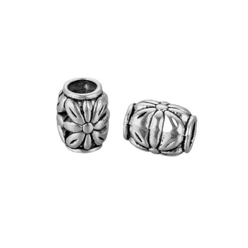 Metal Beads, Tibetan Style, Barrel, With Flower Pattern, Antique Silver, Alloy, 8.5mm - BEADED CREATIONS