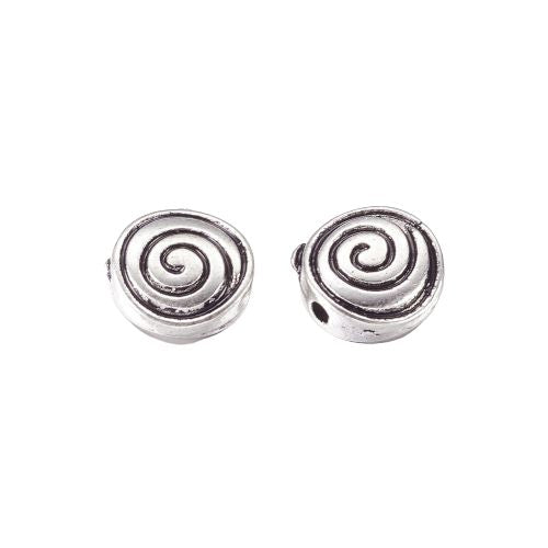 Metal Beads, Tibetan Style, Flat, Round, Double-Sided, Grooved, Spiral, Antique Silver, Alloy, 8mm - BEADED CREATIONS