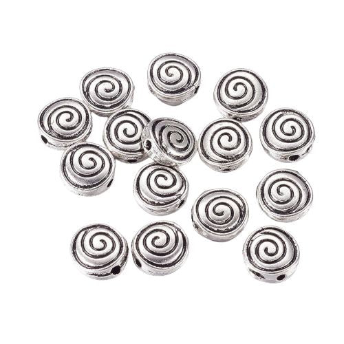 Metal Beads, Tibetan Style, Flat, Round, Double-Sided, Grooved, Spiral, Antique Silver, Alloy, 8mm - BEADED CREATIONS